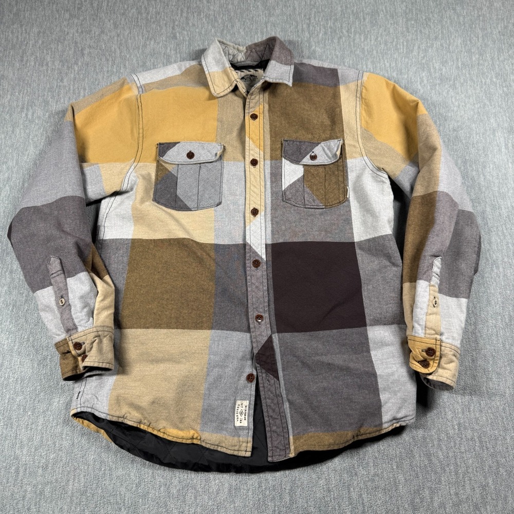Vans Shirt Jacket Men Medium Yellow Plaid Quilted Lined Flannel Button Up Shacke